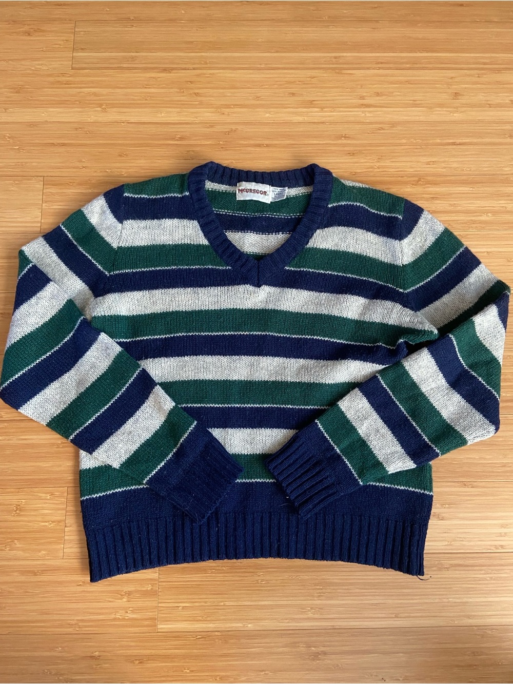 Wool Blend Vintage Striped V-Neck Sweater in Navy, Green & Gray